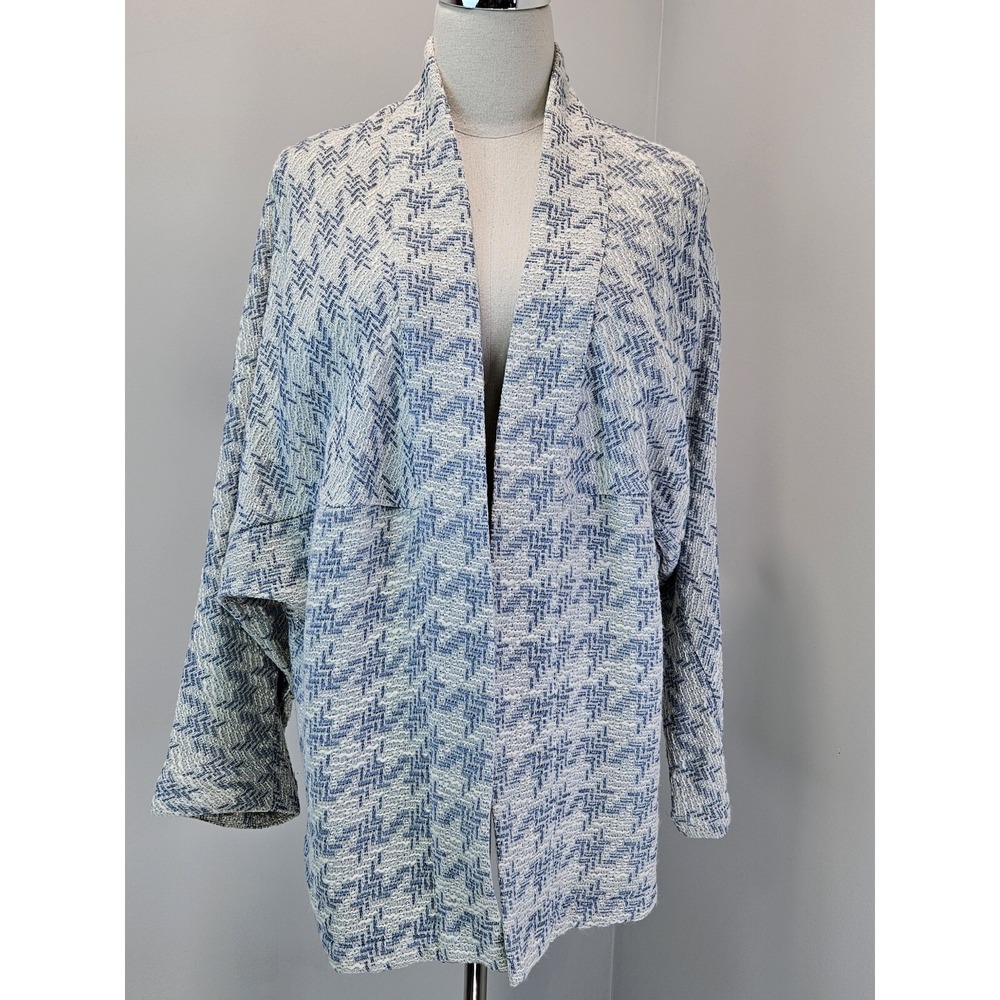 MNG Mango Women Blue White Textured Tweed Kimono Open Front Cardigan Jacket XS/S